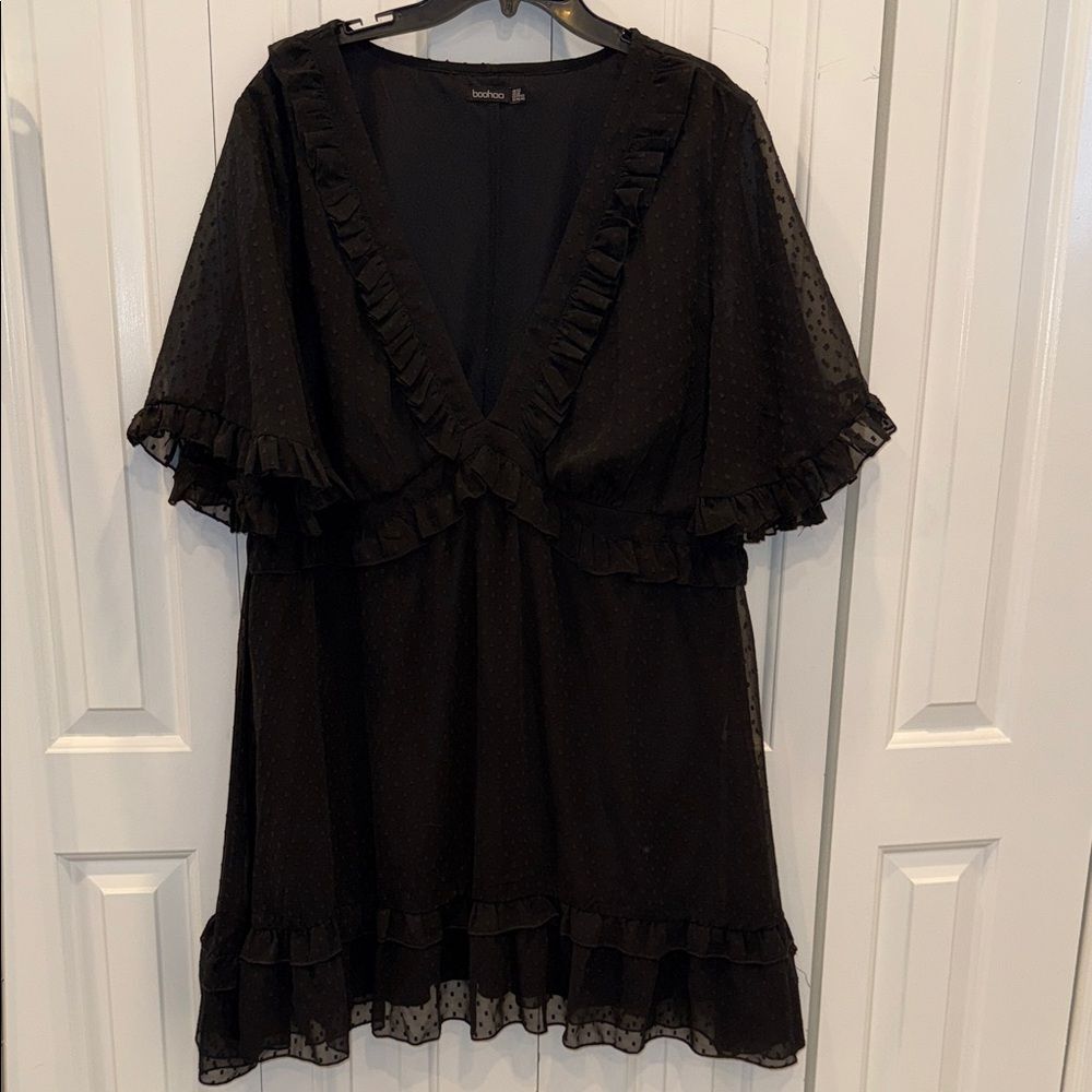 Boohoo Black Ruffle V-Neck Mini Dress with Dot Texture